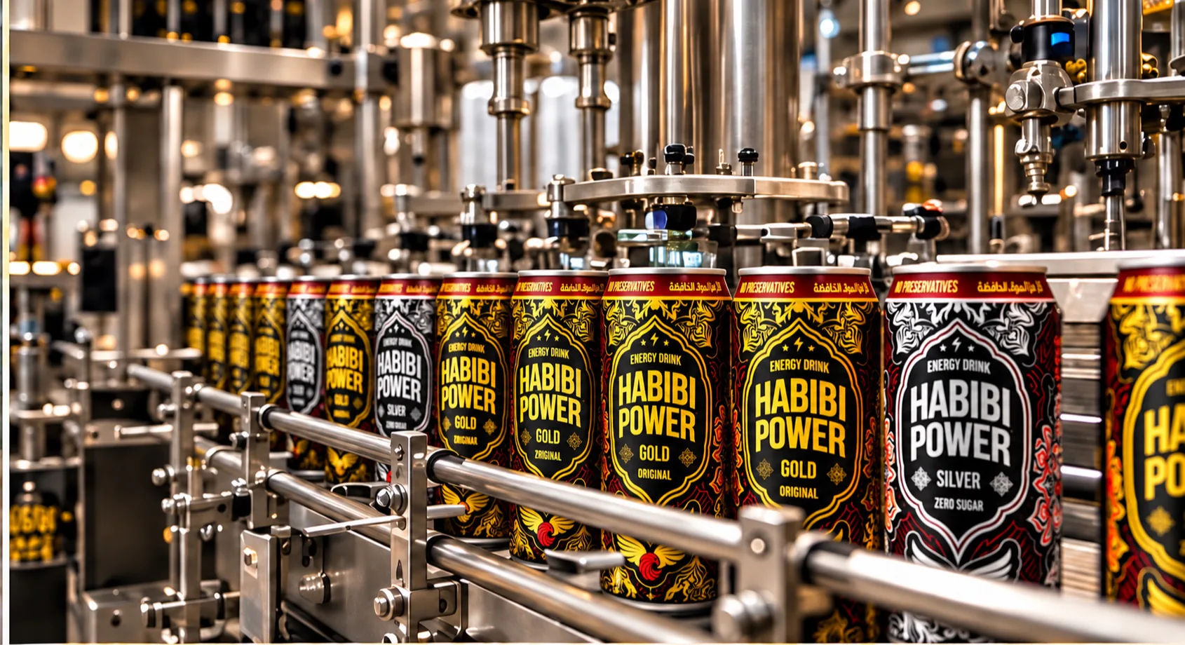 Current Habibi Power Gold Original and Silver Zero Sugar cans moving through the planned beverage production line in Dubai