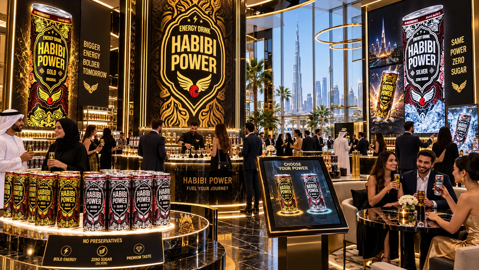 Concept for the Habibi Power customer experience center in Dubai with current Gold Original and Silver Zero Sugar cans