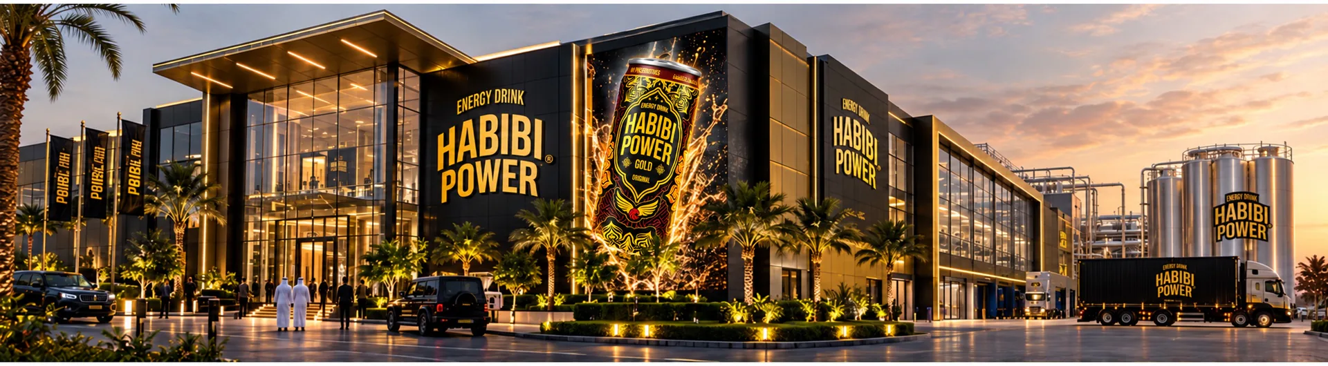 Architectural concept for the future Habibi Power beverage production facility in Dubai featuring the current Gold Original can