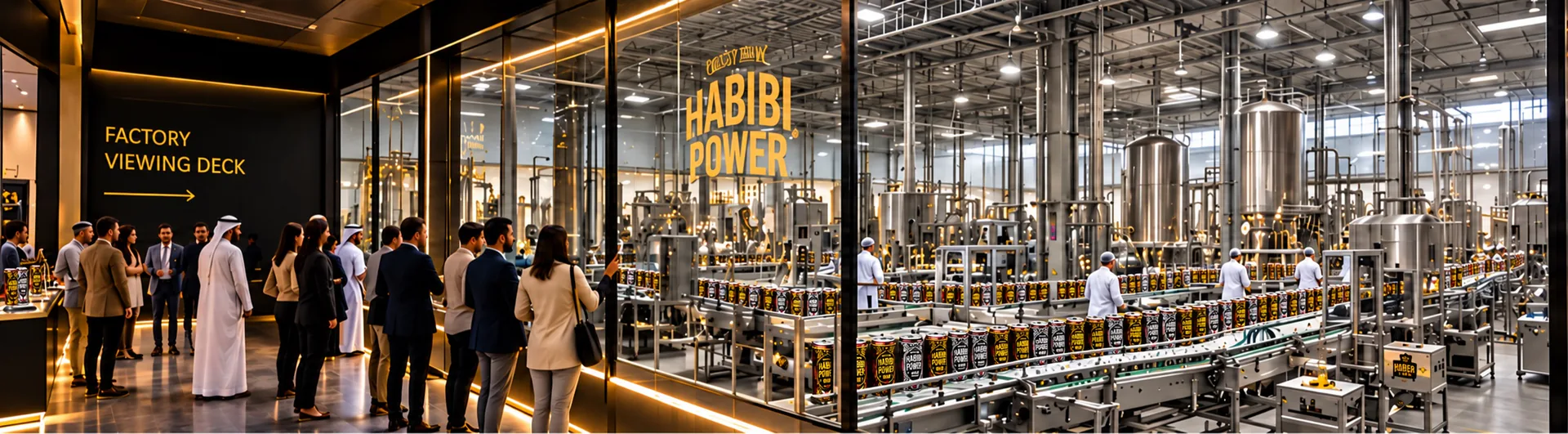 Public viewing deck overlooking the planned Habibi Power energy drink production floor with current Gold and Silver cans