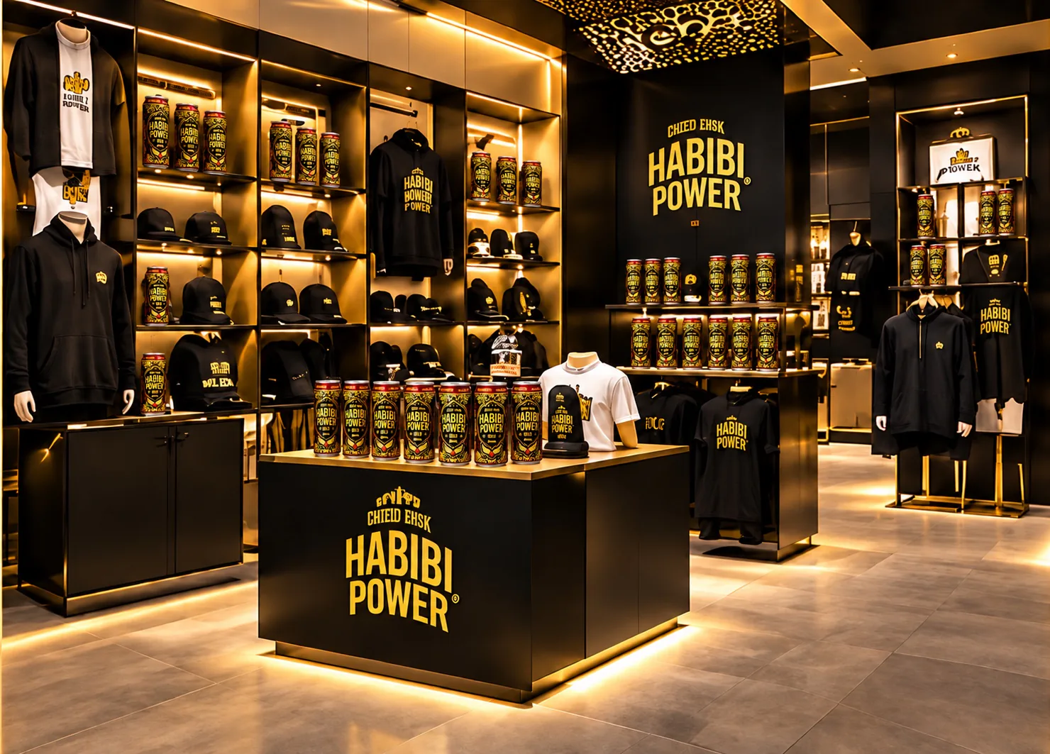 Concept for the Habibi Power branded merchandise store featuring current Gold Original cans
