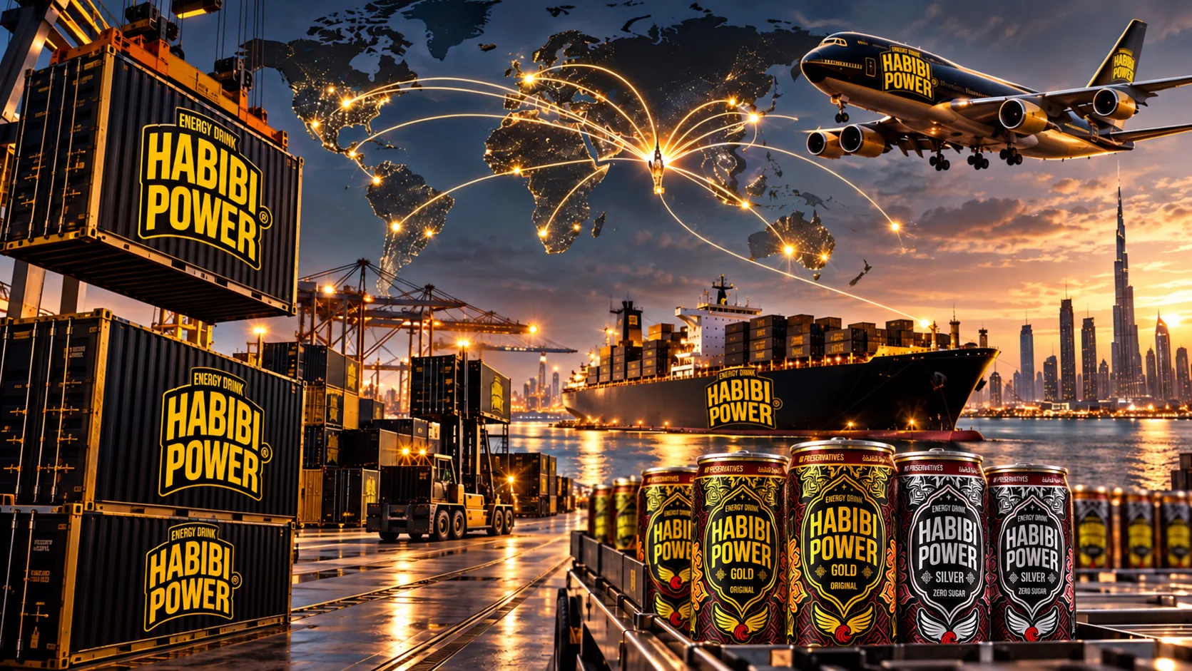 Habibi Power global beverage logistics and international distribution vision featuring current Gold Original and Silver Zero Sugar cans